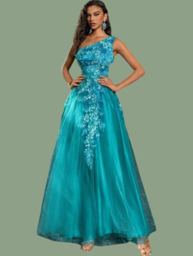 E500 Teal Blue Applique Gown
